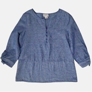 Liz Claiborne Linen Cotton Top S Small Knotted 3/4 Sleeve Pullover Tunic Blue